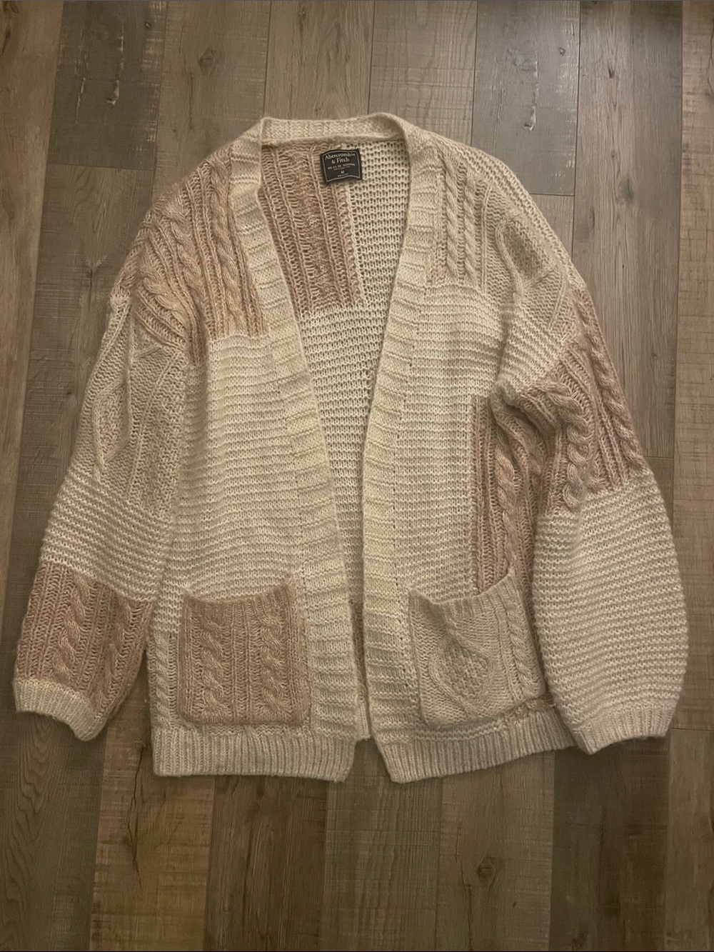Abercrombie & Fitch Cream and Tan Open Cable-Knit Cardigan